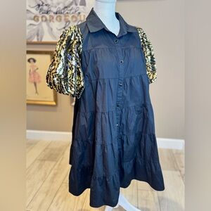 NWT! QUEEN OF SPARKLES Black Sequin Tiger Poof Sleeve Tiered Dress